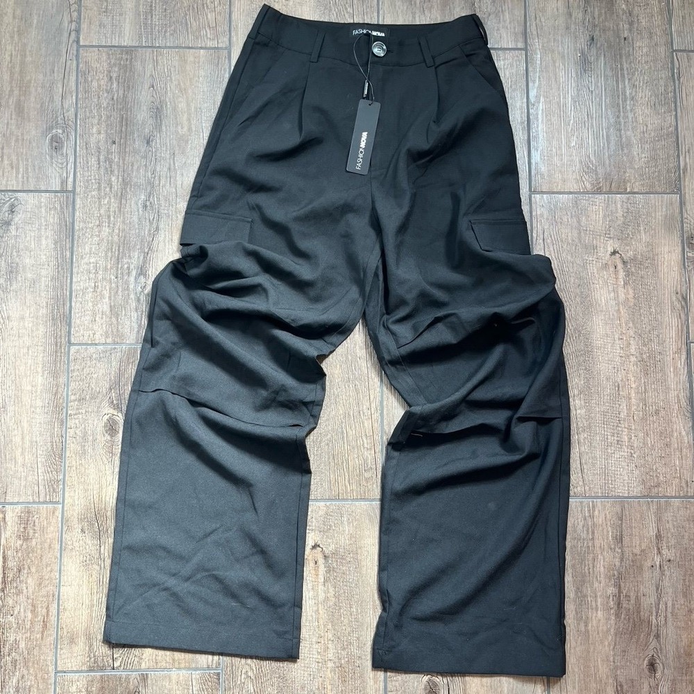 Fashion Nova In The Mix Cargo Trousers Black Wide Leg Utility Womens Size S NEW